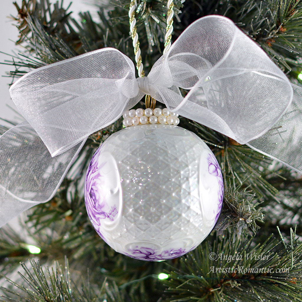 Purple Toile Roses Hand Painted Christmas Ornament Violet Porcelain