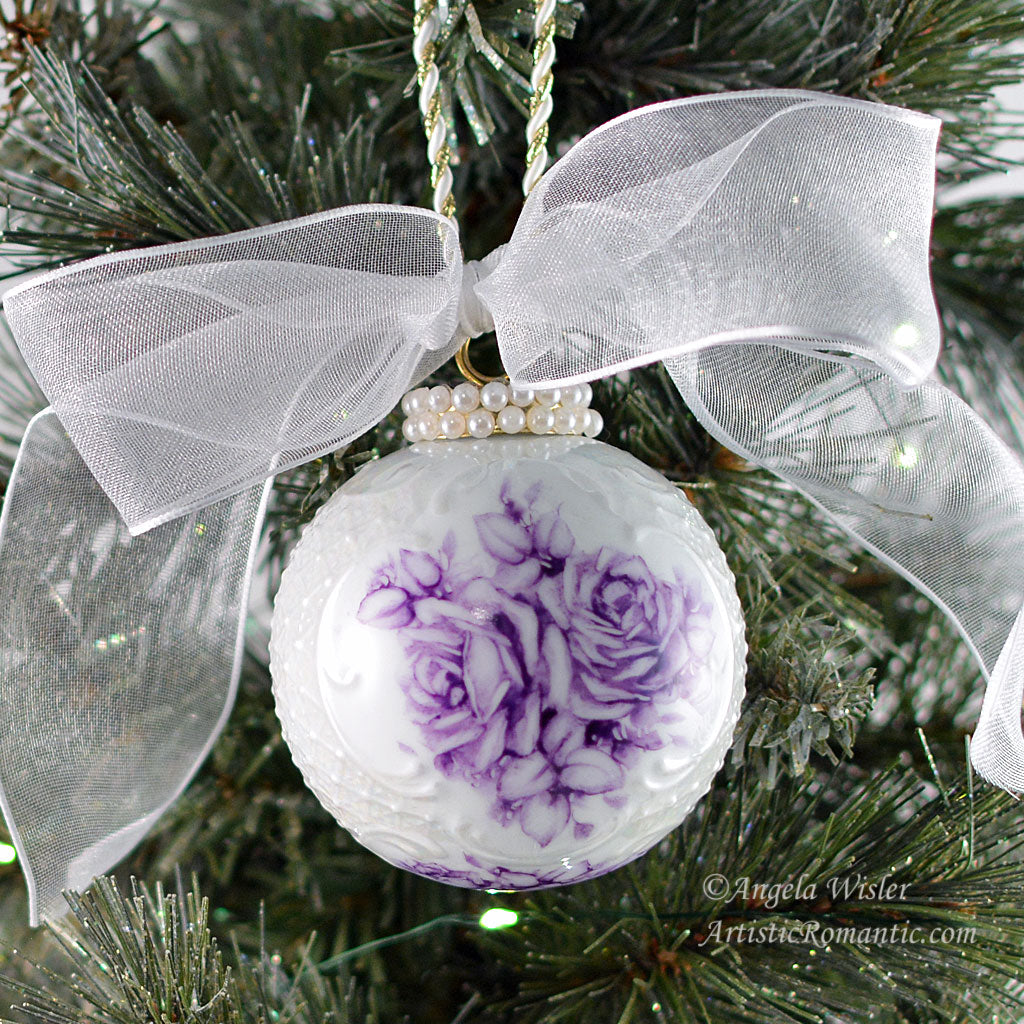 Purple Toile Roses Hand Painted Christmas Ornament Violet Porcelain