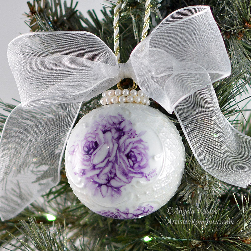Purple Toile Roses Hand Painted Christmas Ornament Violet Porcelain