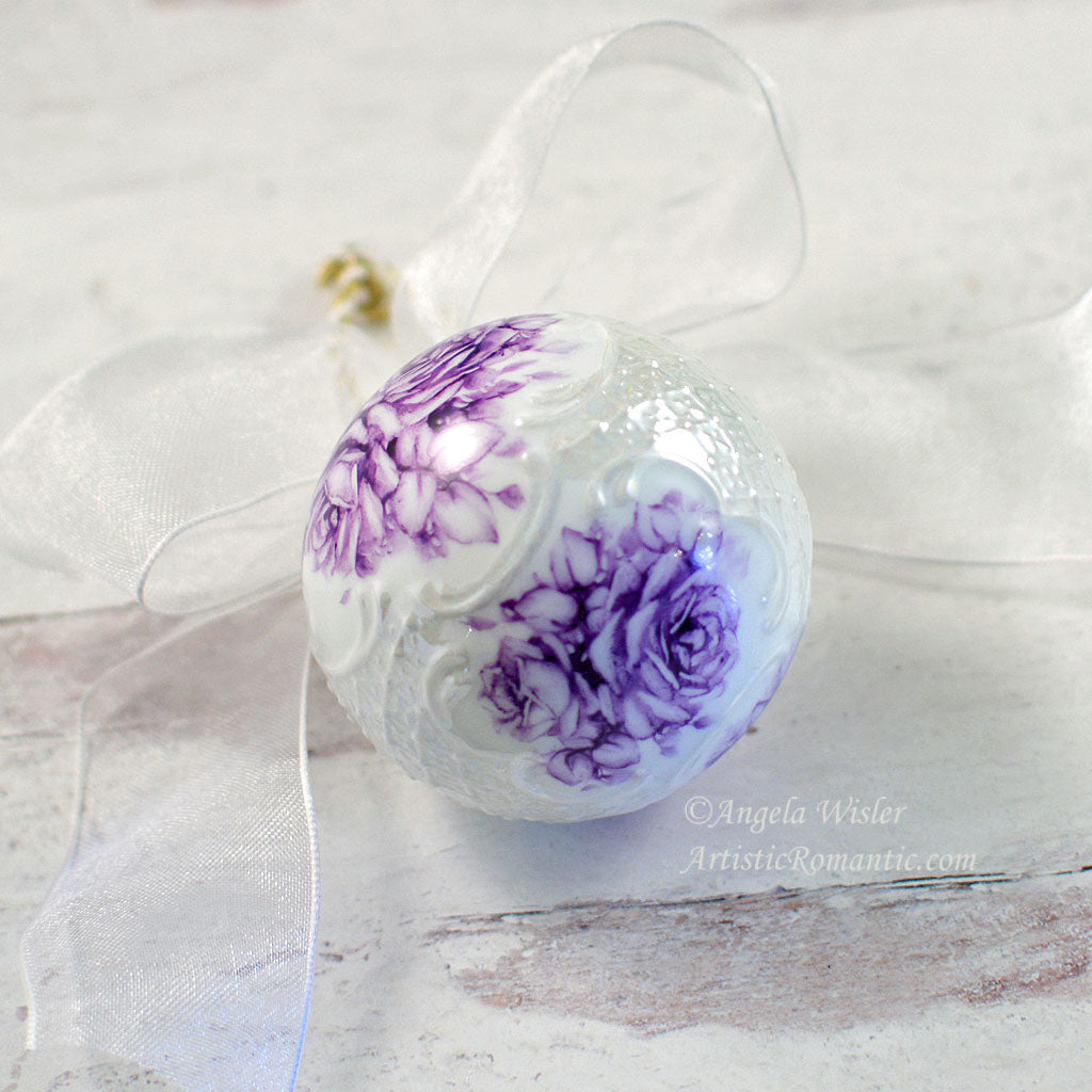 Purple Toile Roses Hand Painted Christmas Ornament Violet Porcelain