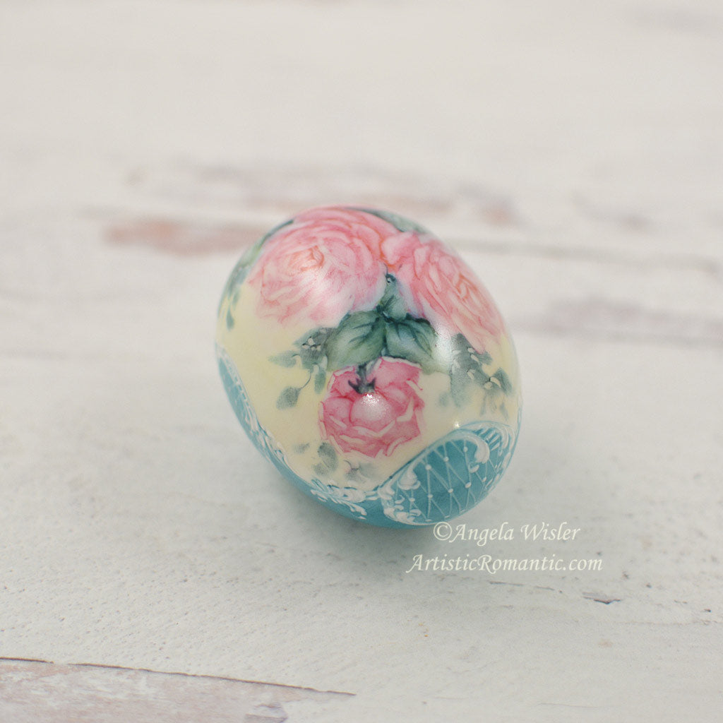 Teal Turquoise Porcelain Easter Egg Pink Roses Hand Painted Decoration
