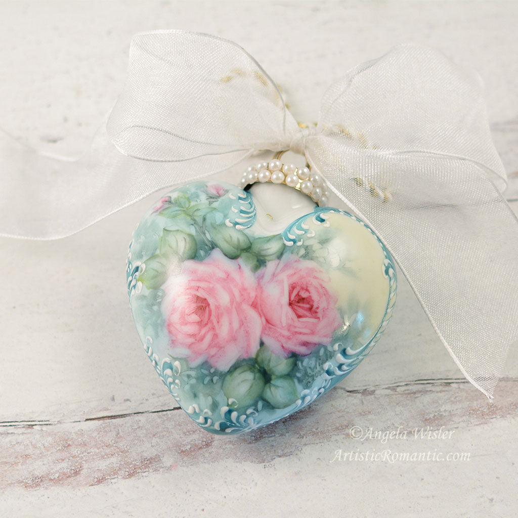 Pink Roses Heart Christmas Ornament Turquoise Porcelain Hand Painted