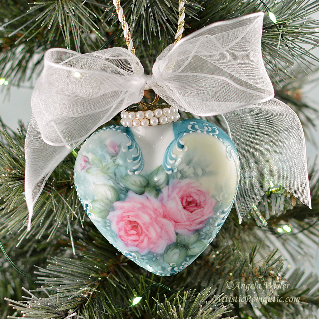 Pink Roses Heart Christmas Ornament Turquoise Porcelain Hand Painted
