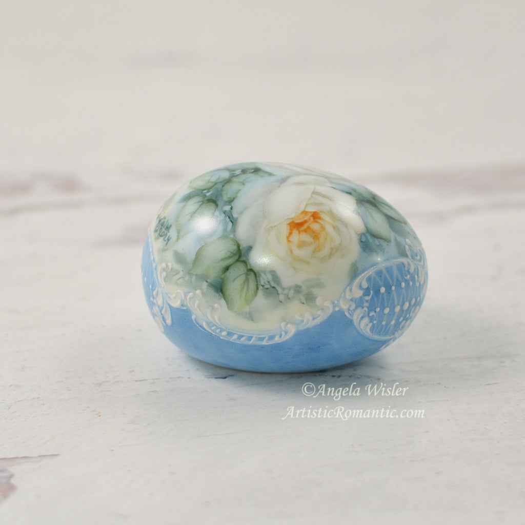 Blue Porcelain Easter Egg Hand Painted White Roses Victorian Scrolls