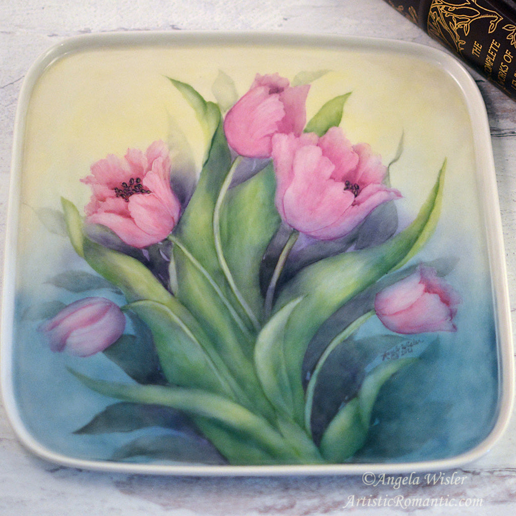 Spring Pink Tulips Bouquet Hand Painted Porcelain Tray Cottage Style Decorating