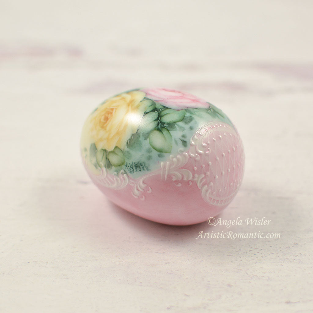 Porcelain Easter Egg Hand Painted Pink Yellow Roses Victorian Scrolls