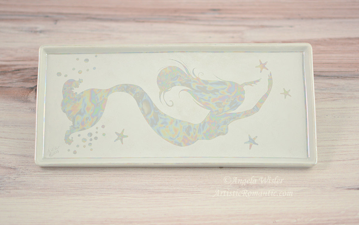 Coastal Mermaid Hand Painted Porcelain Tray White Mother of Pearl