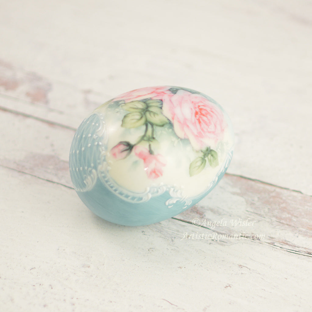Aqua Porcelain Easter Egg Hand Painted Pink Roses Cottage Style