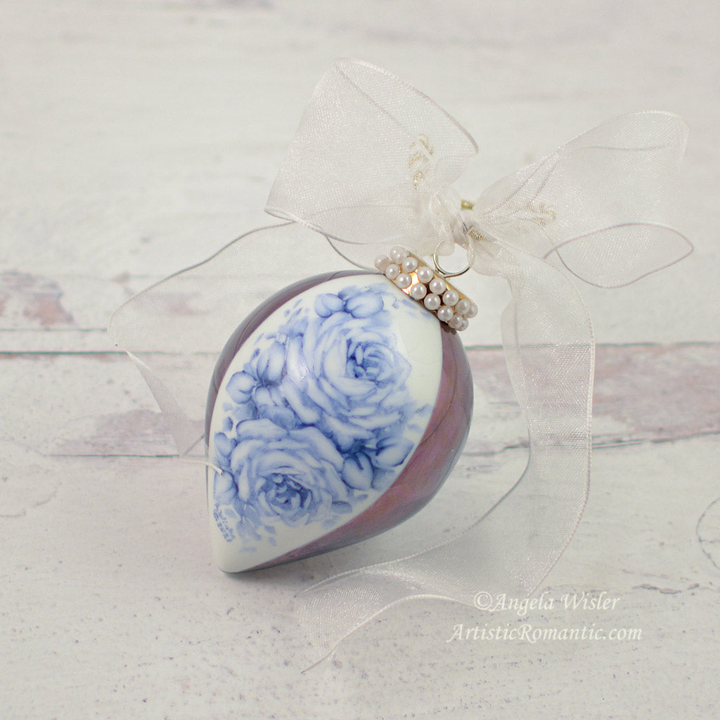 Victorian Porcelain Teardrop Christmas Ornament Hand Painted Blue &amp; White Holiday Decoration
