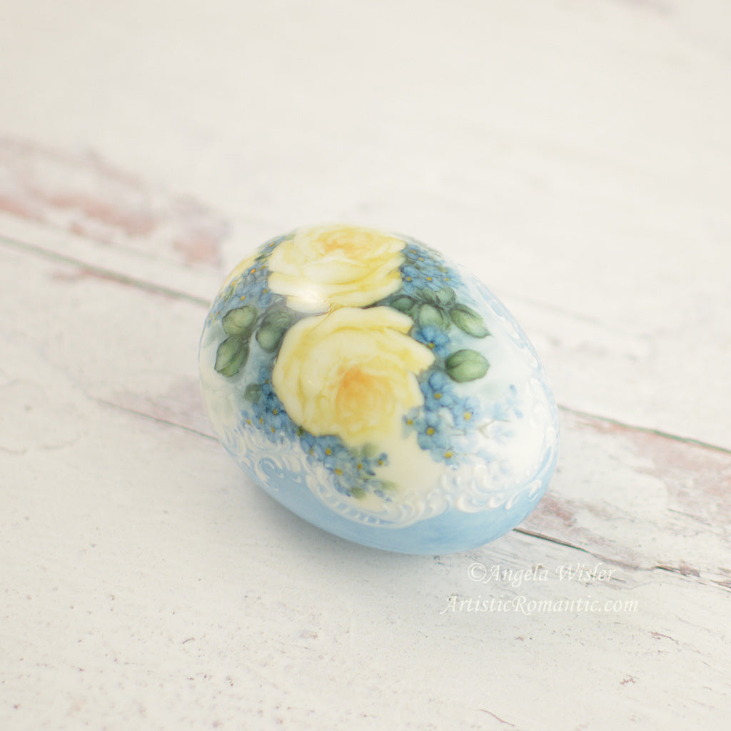 Blue Porcelain Easter Egg Hand Painted Yellow Roses Forget Me Nots