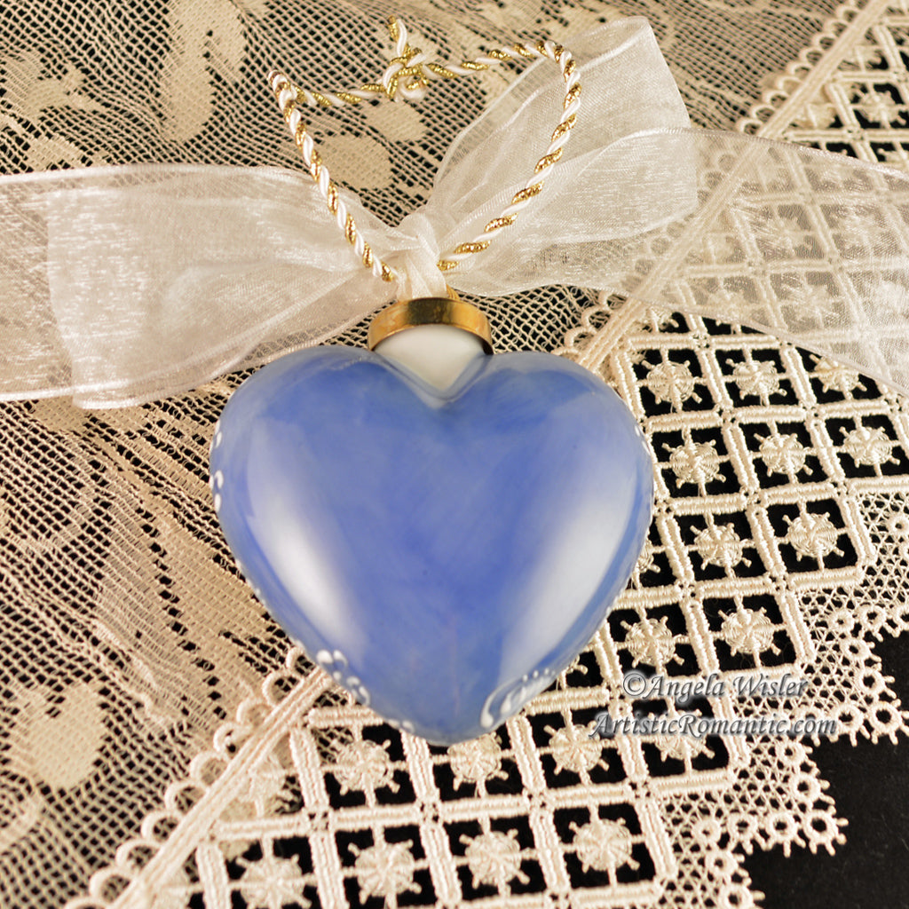 French Blue Hydrangeas Porcelain Heart Christmas Ornament China Painted