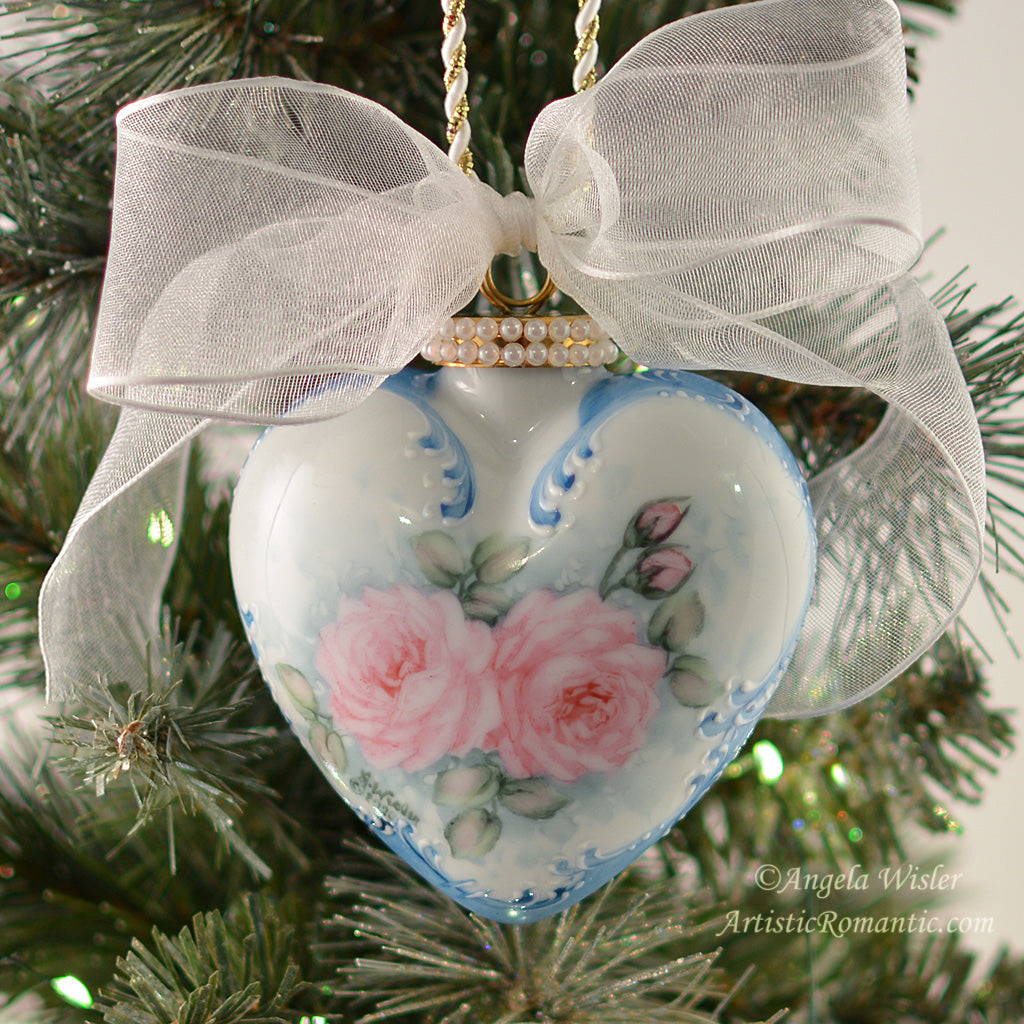 Victorian Cottage Roses Hand Painted Porcelain Ornament Pink Roses