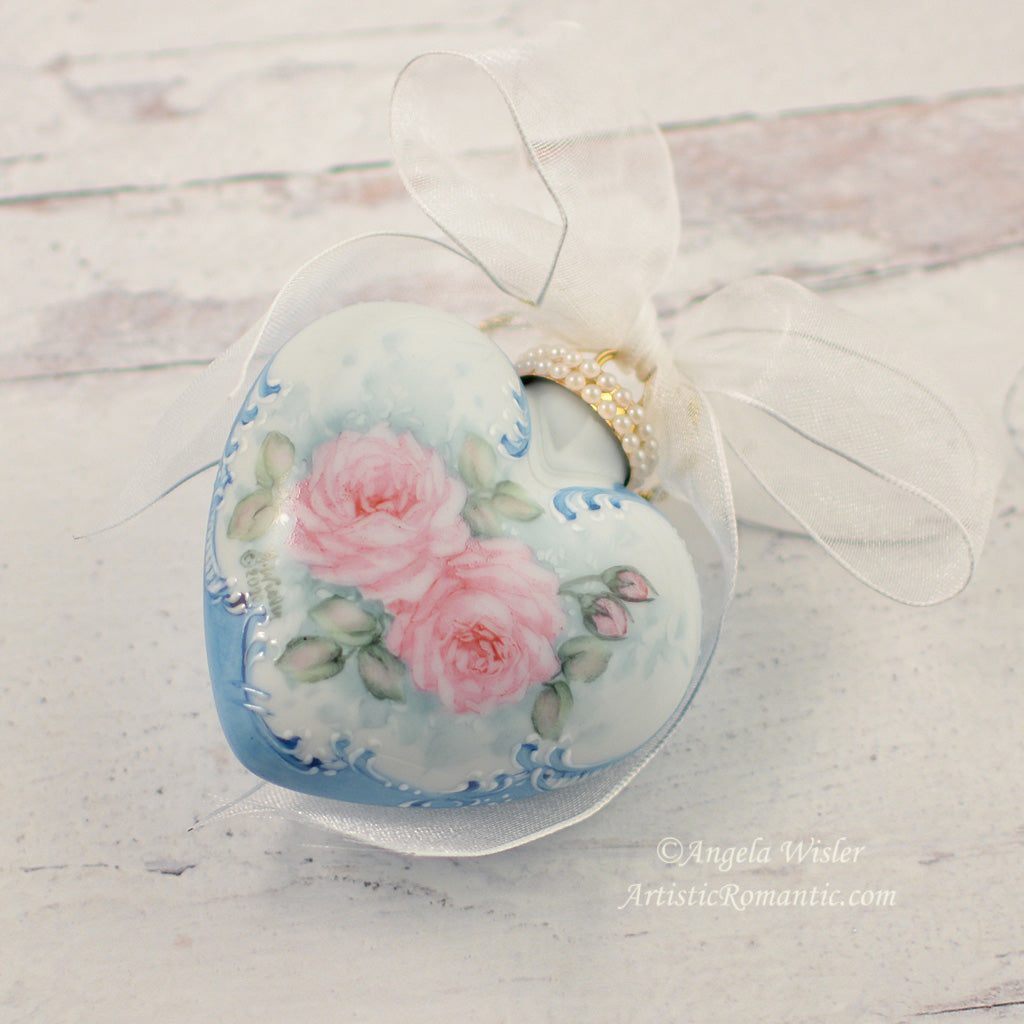 Victorian Cottage Roses Hand Painted Porcelain Ornament Pink Roses