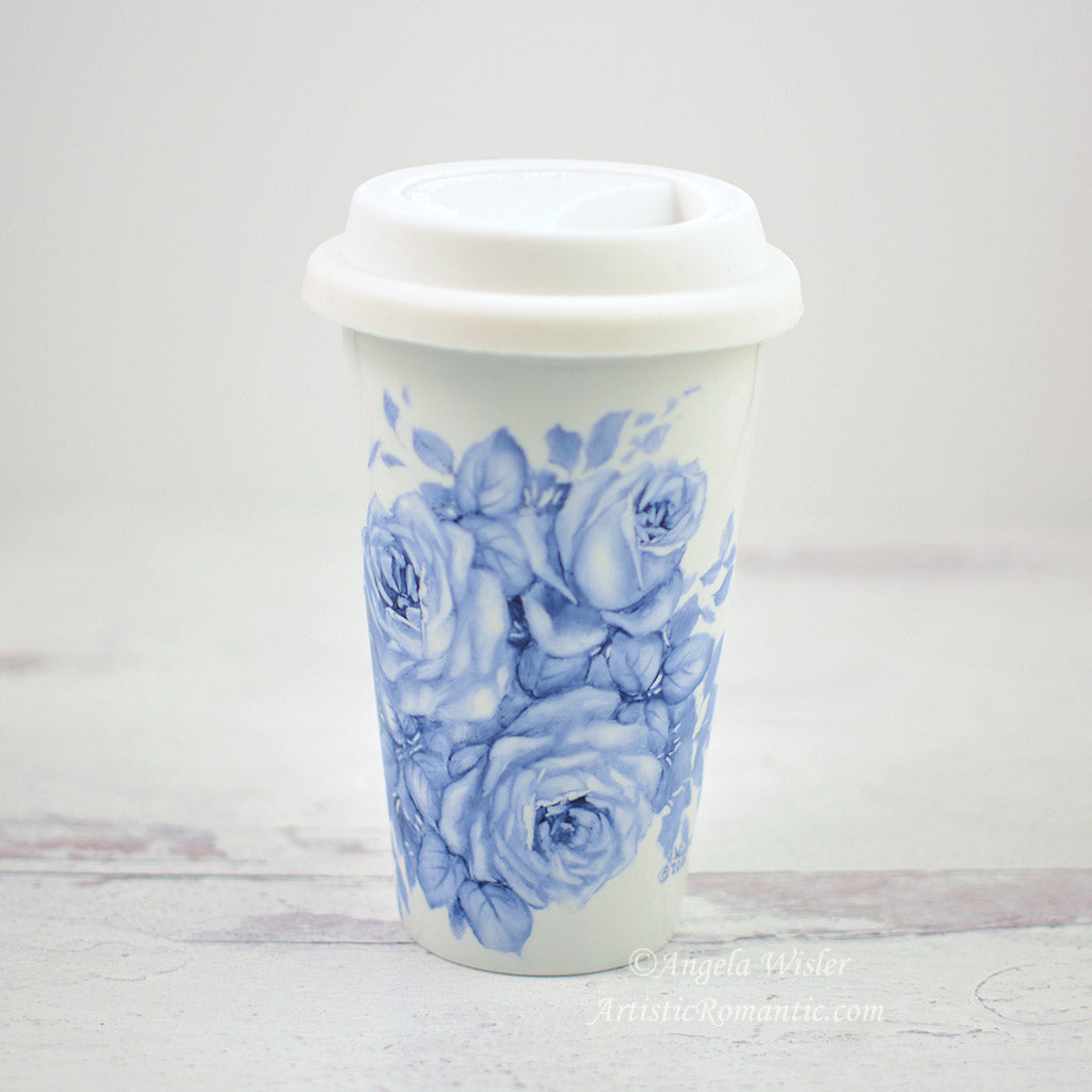 Blue and White China Travel Coffee Mug Insulated Hand Painted Porcelain  Roses