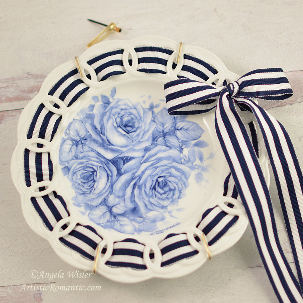 Blue and White Hand Painted Roses China Plate with Hanger &amp; Ribbon 8 inch