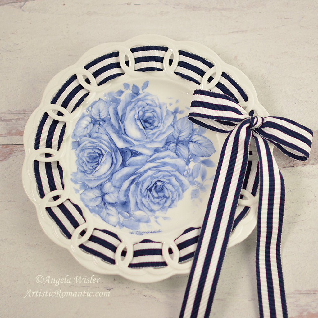 Blue and White Hand Painted Roses China Plate with Hanger &amp; Ribbon 8 inch