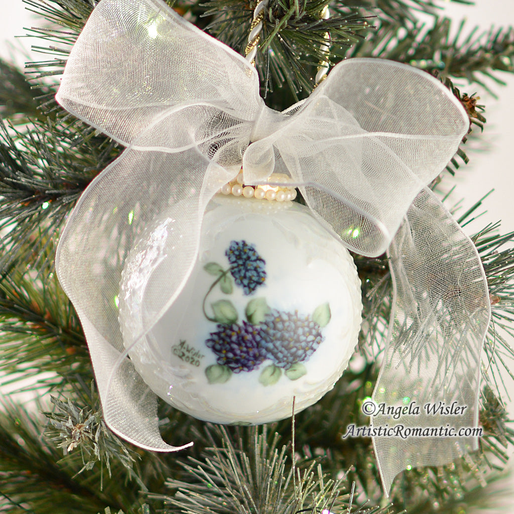 Blue Christmas Decorations Hand Painted Porcelain Ornament Hydrangeas
