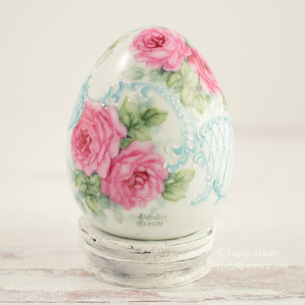 Ruby Pink Roses Large Easter Egg with Stand Hand Painted Porcelain