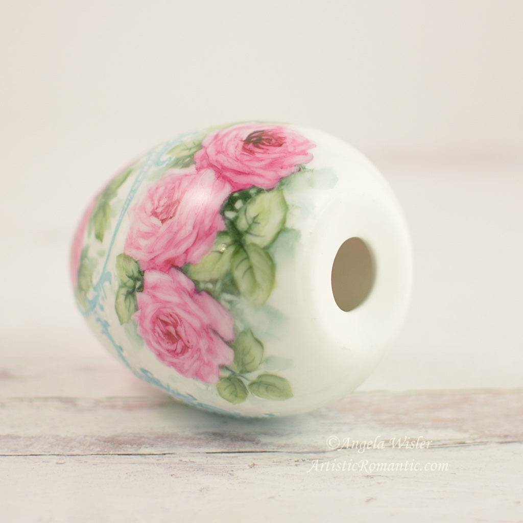 Ruby Pink Roses Large Easter Egg with Stand Hand Painted Porcelain