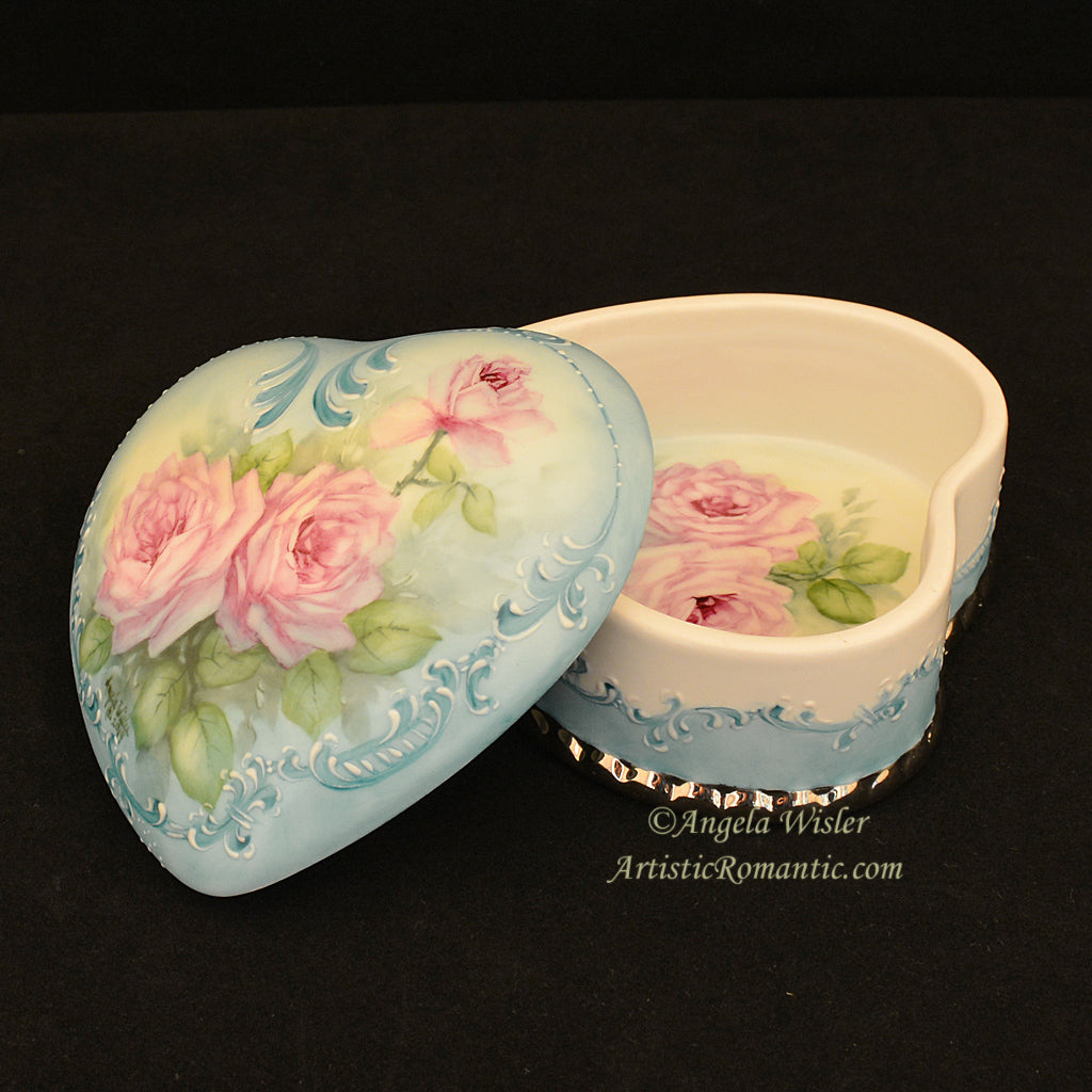 Aqua Hand Painted Porcelain Jewelry Box Pink Roses Large Heart Blue ...