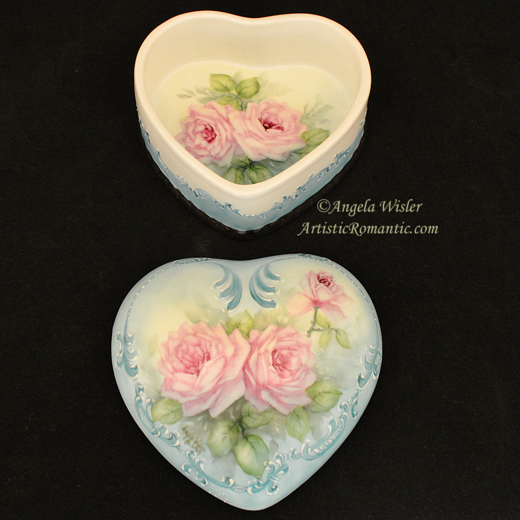 Aqua Hand Painted Porcelain Jewelry Box Pink Roses Large Heart Blue ...