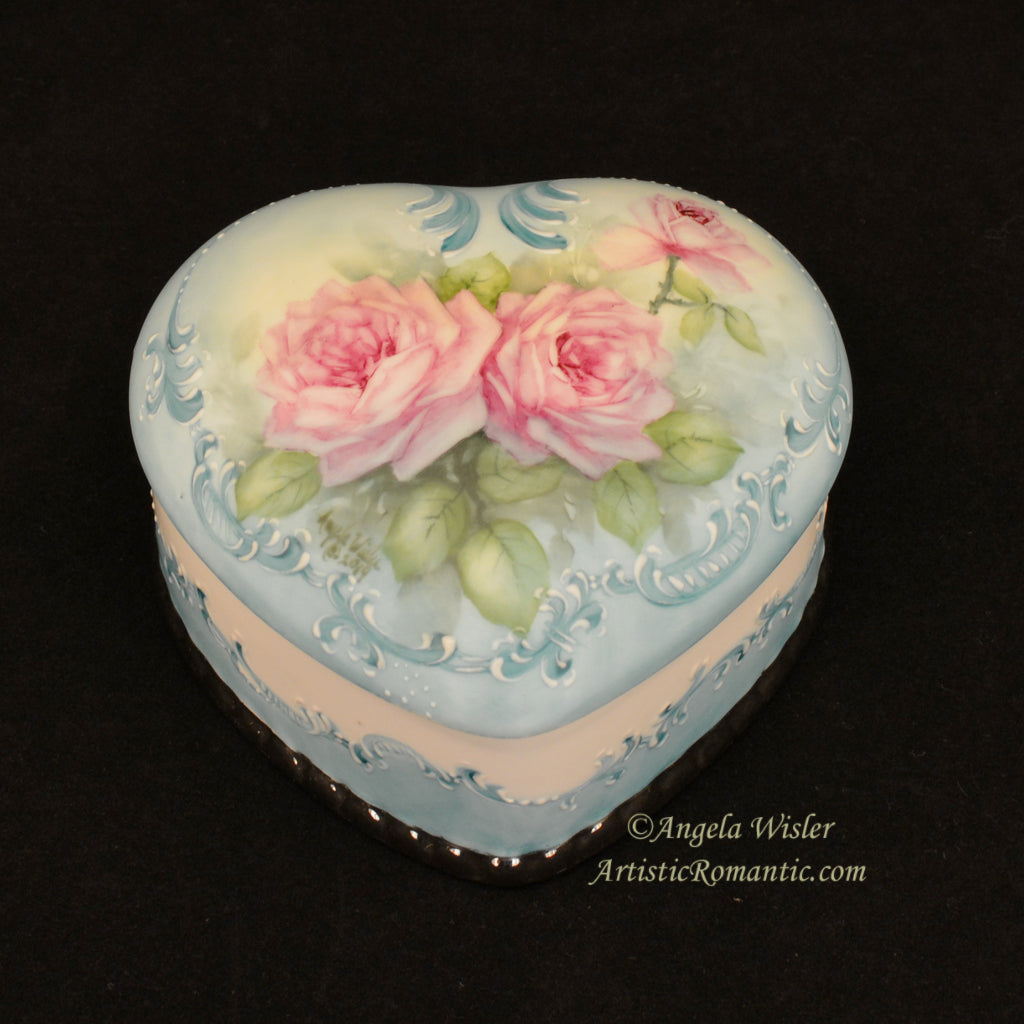 Aqua Hand Painted Porcelain Jewelry Box Pink Roses Large Heart Blue