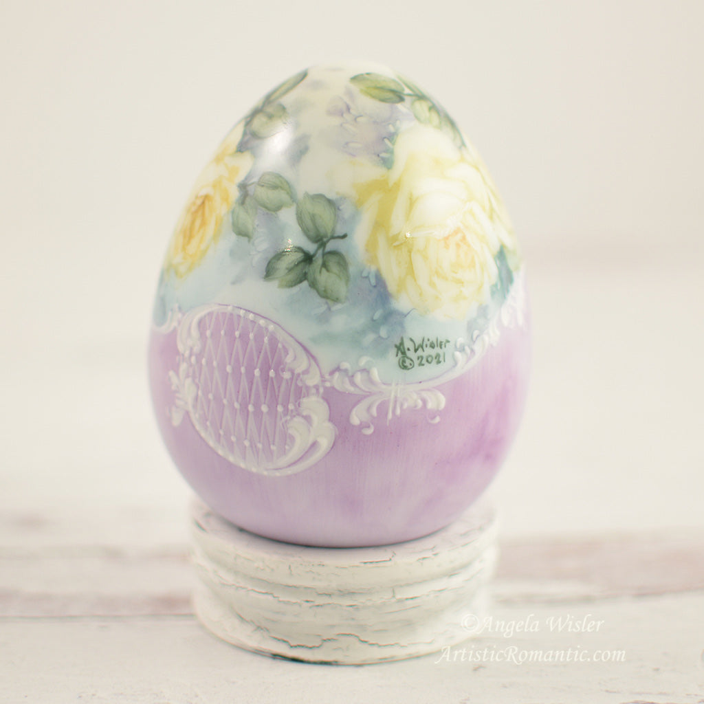 Porcelain Easter Egg with Stand Hand Painted Lavender Yellow Roses Spring Home