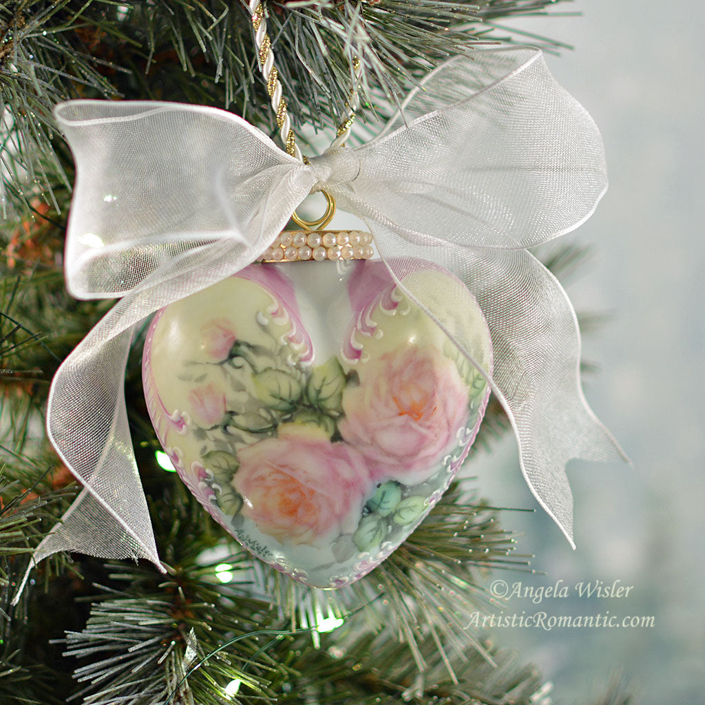 Lilac Roses Porcelain Heart Ornament Hand Painted Victorian Scrolls
