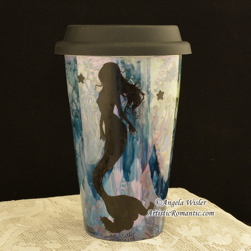 Coastal Style Mermaid Seashell Porcelain Coffee Travel Mug Hand Painted