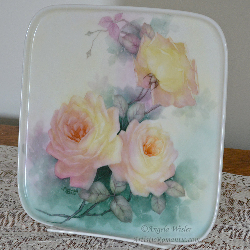 Peace Roses Hand Painted Porcelain Square Artist Signed Tray