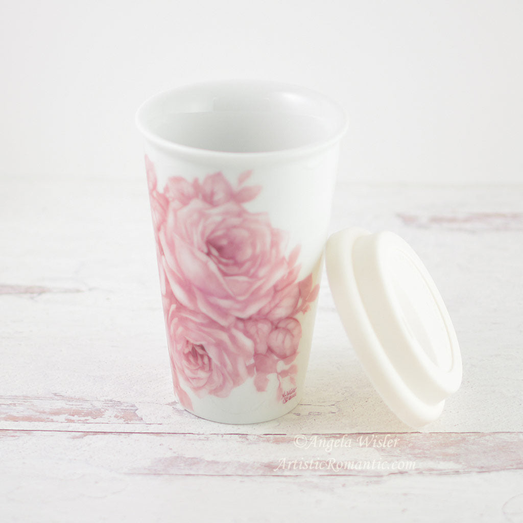 Pink and White China Travel Coffee Mug Insulated Hand Painted Porcelain Roses