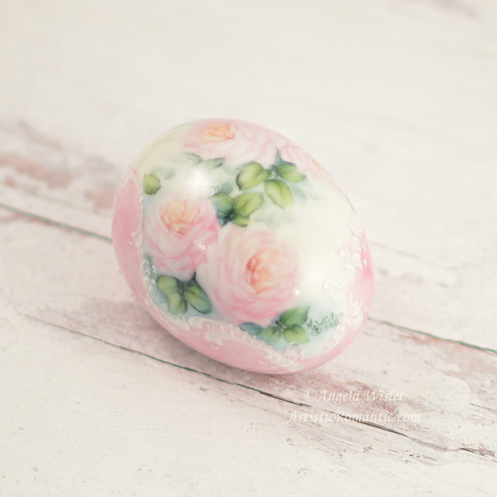 Pink Easter Egg Shabby Chic Roses Hand Painted Victorian Style Porcelain