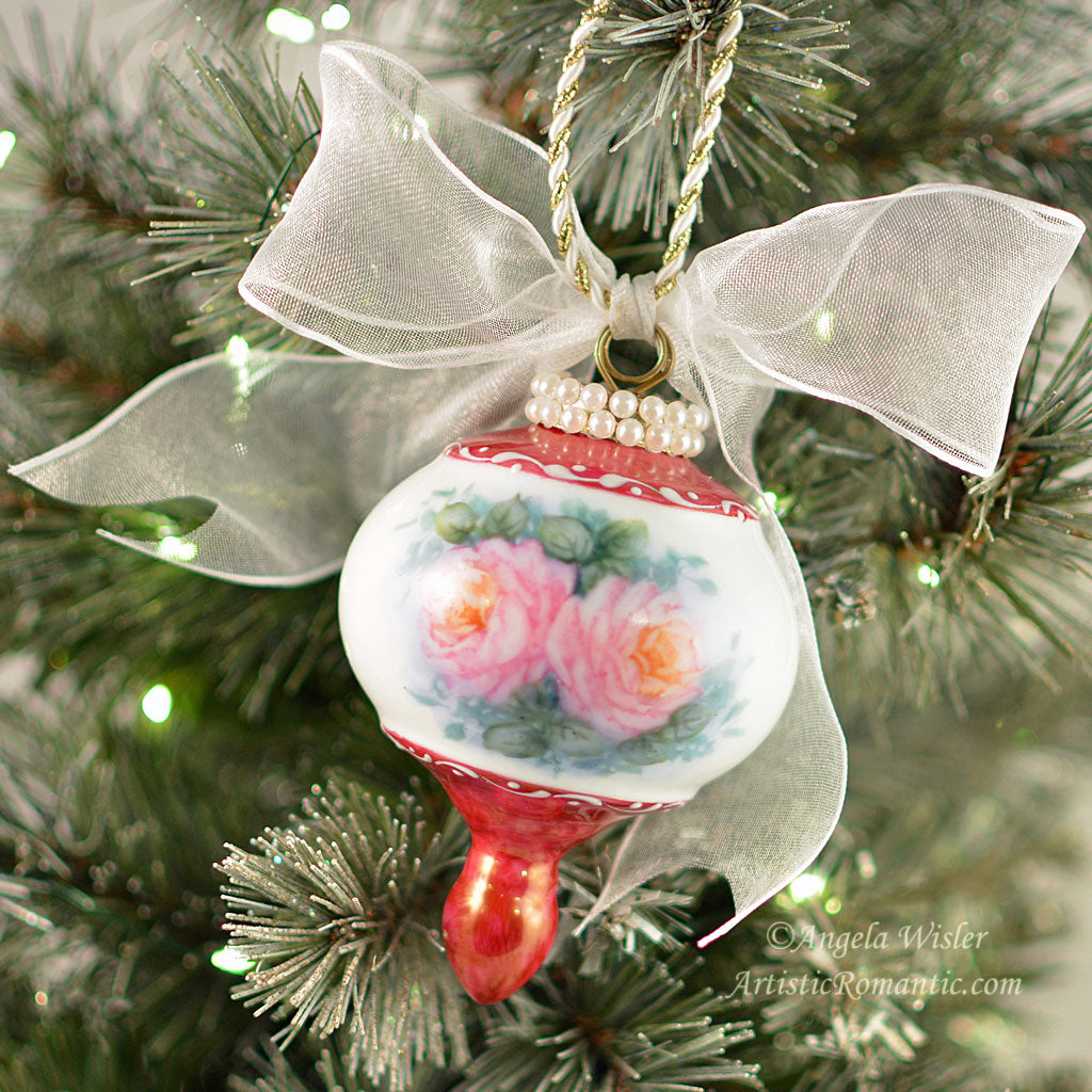 Christmas Ornament Pink Roses Ruby Luster Hand Painted Porcelain Decoration