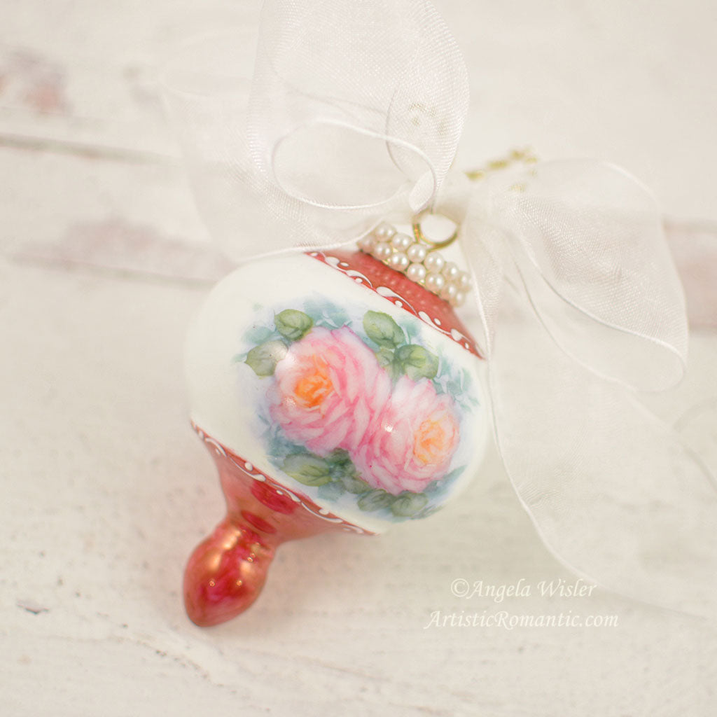 Christmas Ornament Pink Roses Ruby Luster Hand Painted Porcelain Decoration