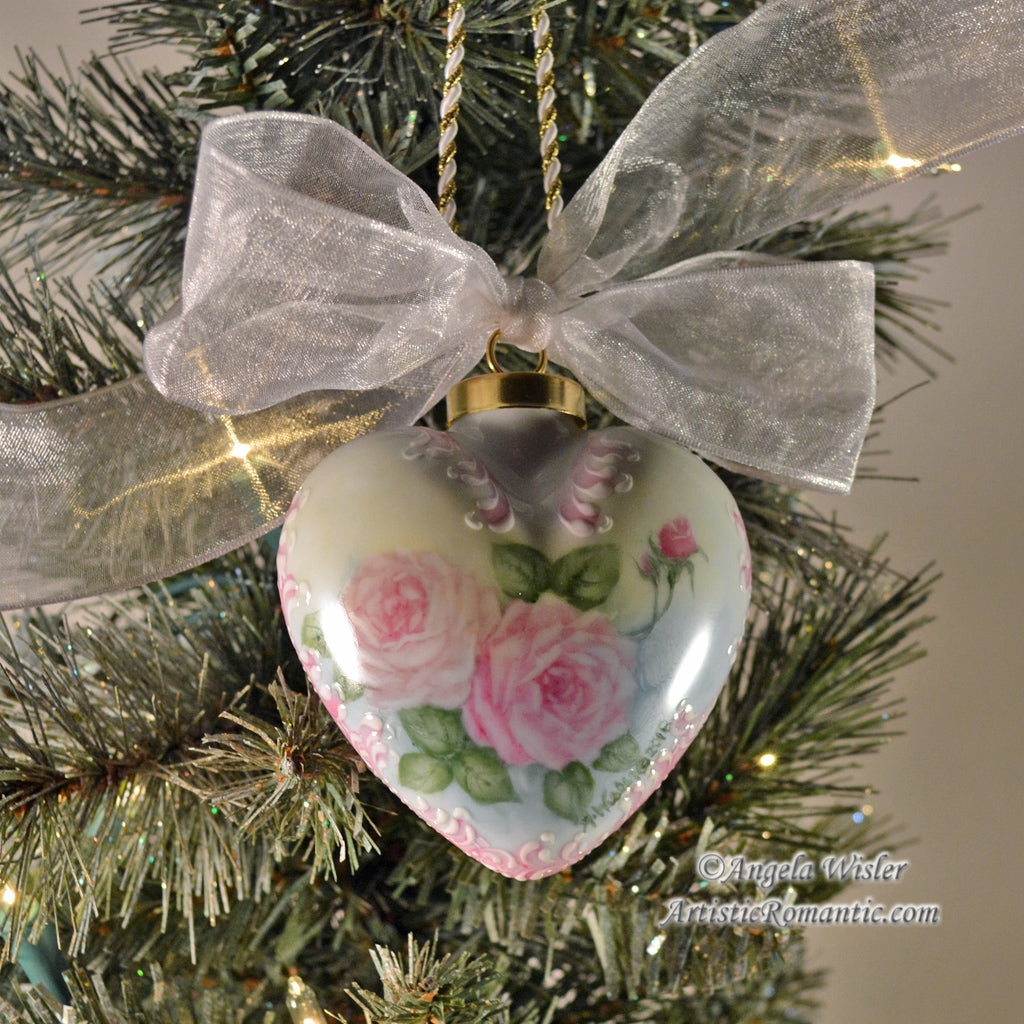 Pink Christmas Heart Ornament Roses Hand Painted Porcelain Cottage Holiday