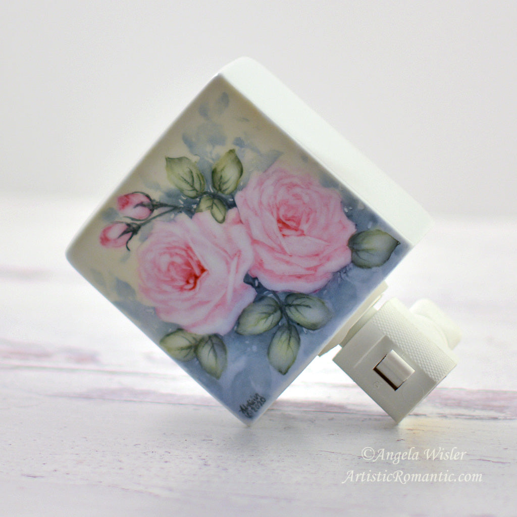 Pink Roses Girlfriend Gift Hand Painted Porcelain Night Light Original Art