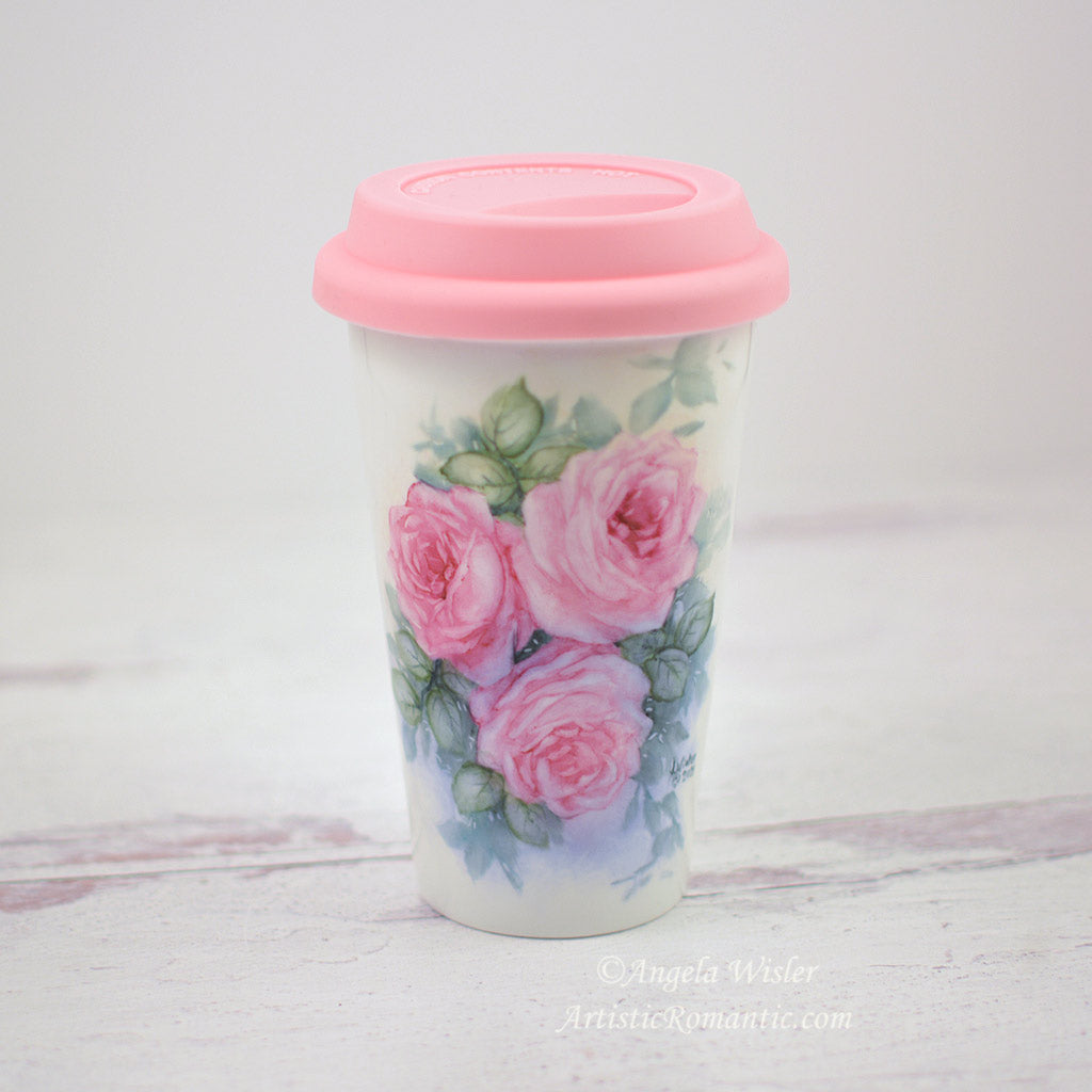Fabulous Girlfriend Gift Pink Roses Porcelain Travel Coffee Mug Hand Painted