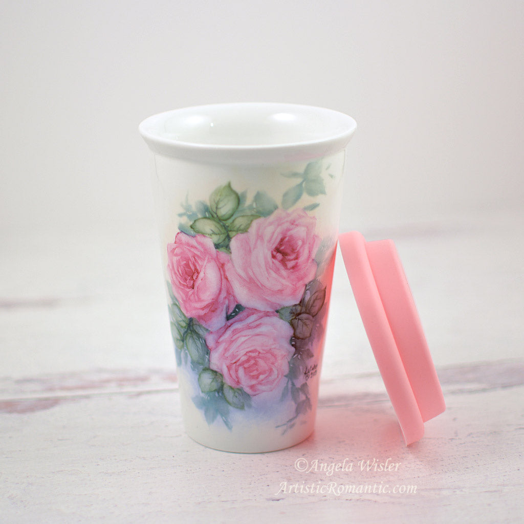 Fabulous Girlfriend Gift Pink Roses Porcelain Travel Coffee Mug Hand Painted