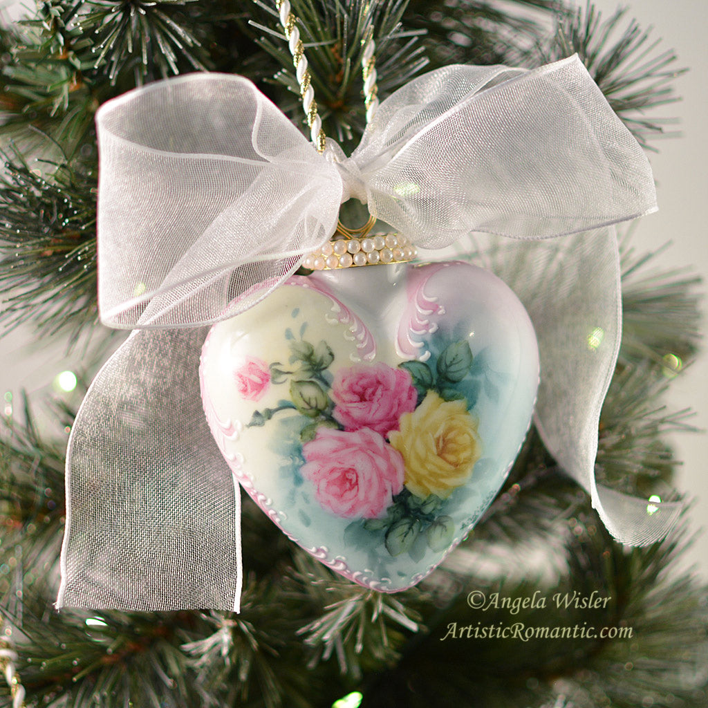Cottage Roses Pink Porcelain Heart Christmas Roses Hand Painted Ornament