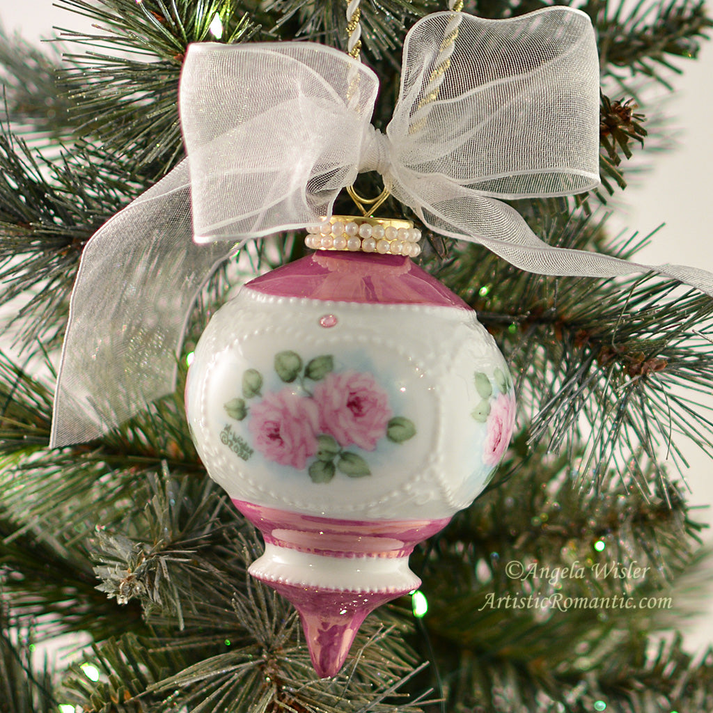 Pink Christmas Ornament Hand Painted Porcelain Shabby Cabbage Roses