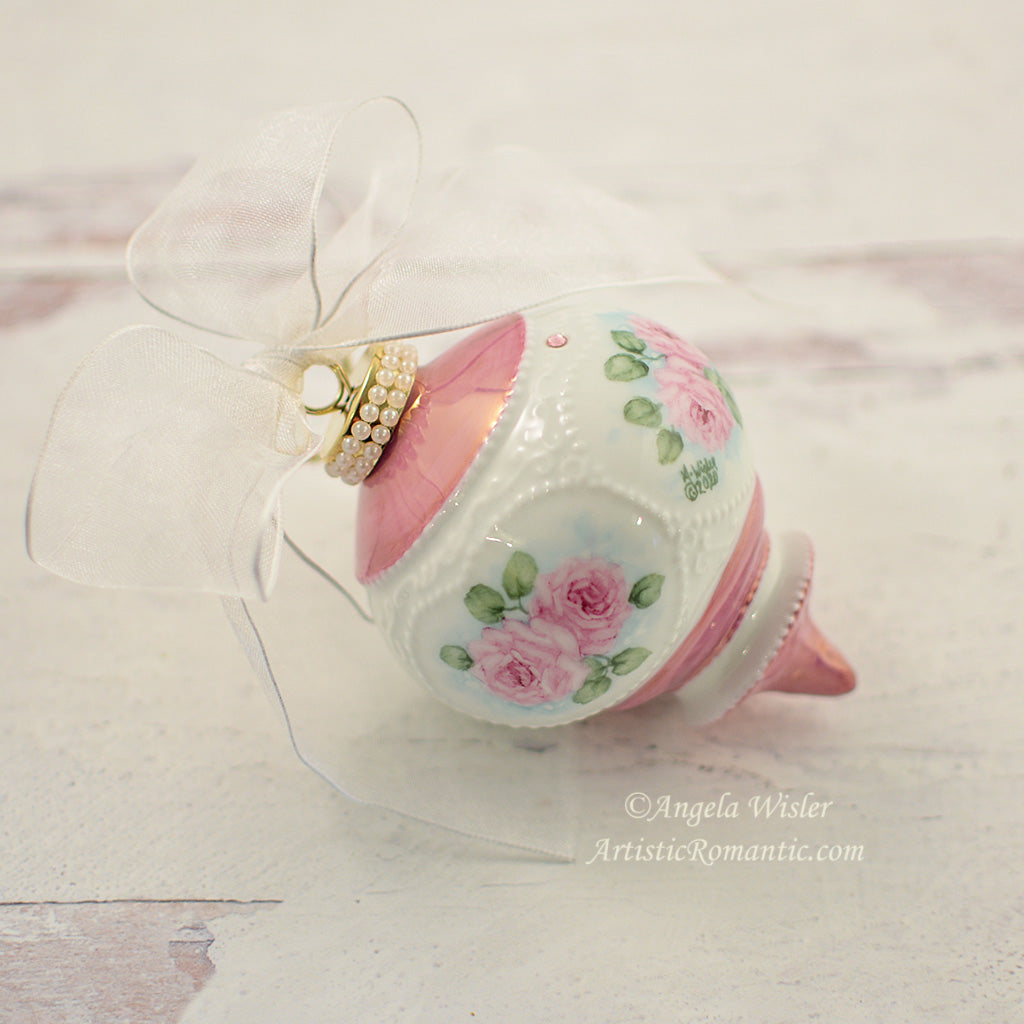 Pink Christmas Ornament Hand Painted Porcelain Shabby Cabbage Roses