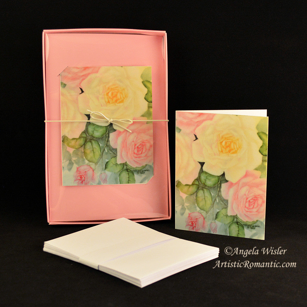 Pink White Roses Elegant Boxed Blank Note Cards Set 8 - Artistic