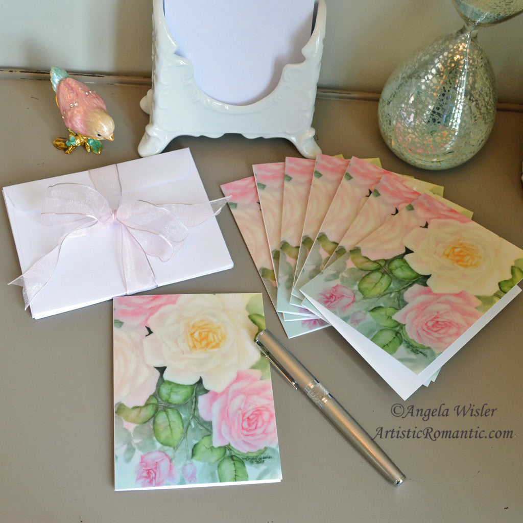 Pink White Roses Elegant Boxed Blank Note Cards Set 8 - Artistic Romantic