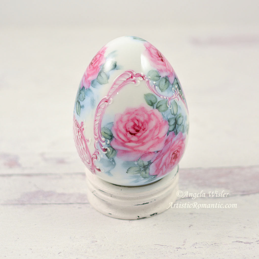 Large Porcelain Easter Egg Hand Painted Ruby Roses with Stand