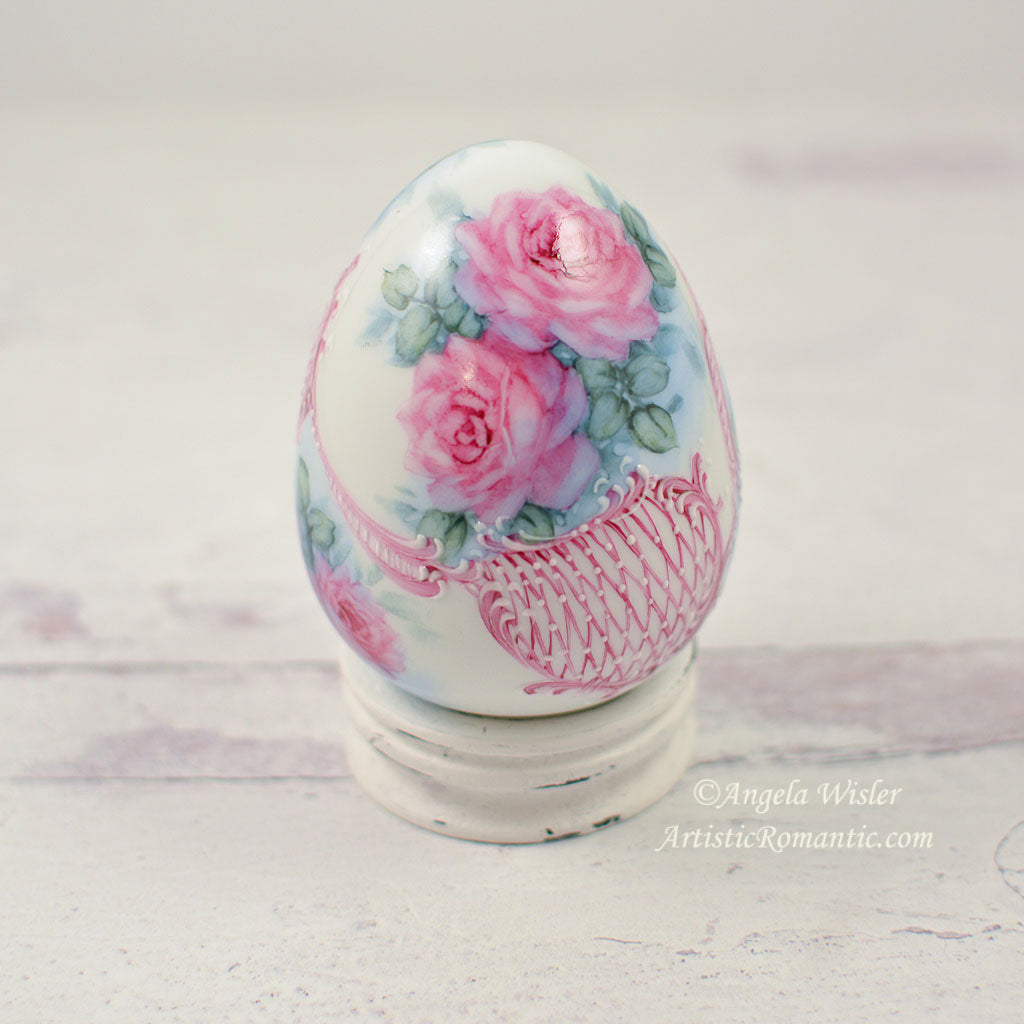 Large Porcelain Easter Egg Hand Painted Ruby Roses with Stand