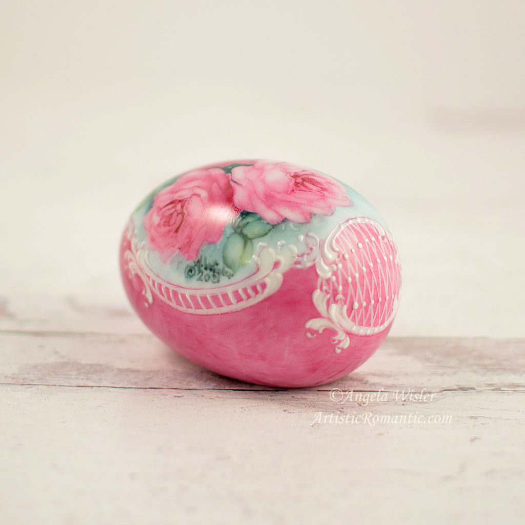 Hand Painted Porcelain Easter Egg Ruby Pink Roses Victorian Spring Decor
