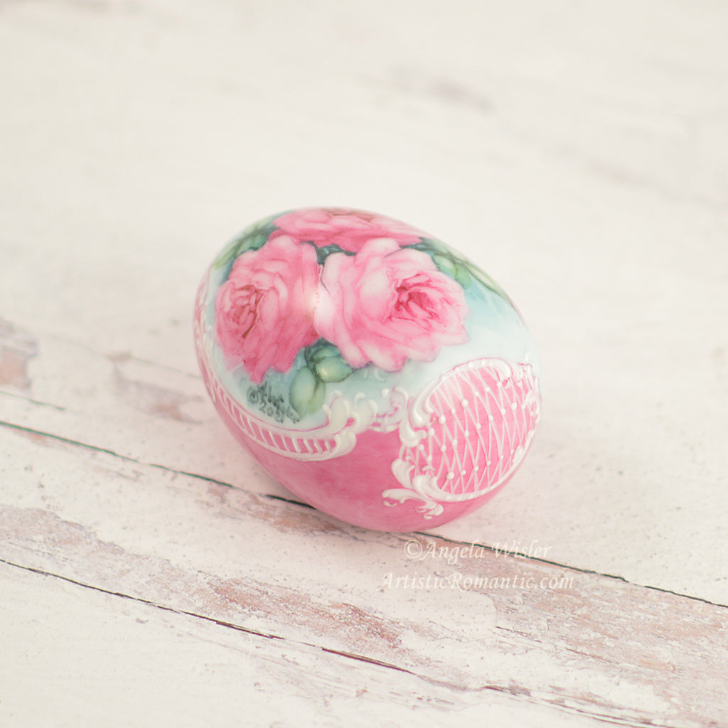 Hand Painted Porcelain Easter Egg Ruby Pink Roses Victorian Spring Decor