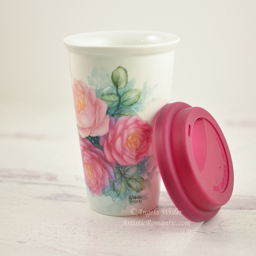 Ruby and Pink Roses Insulated Porcelain Coffee Travel Mug Hand Painted
