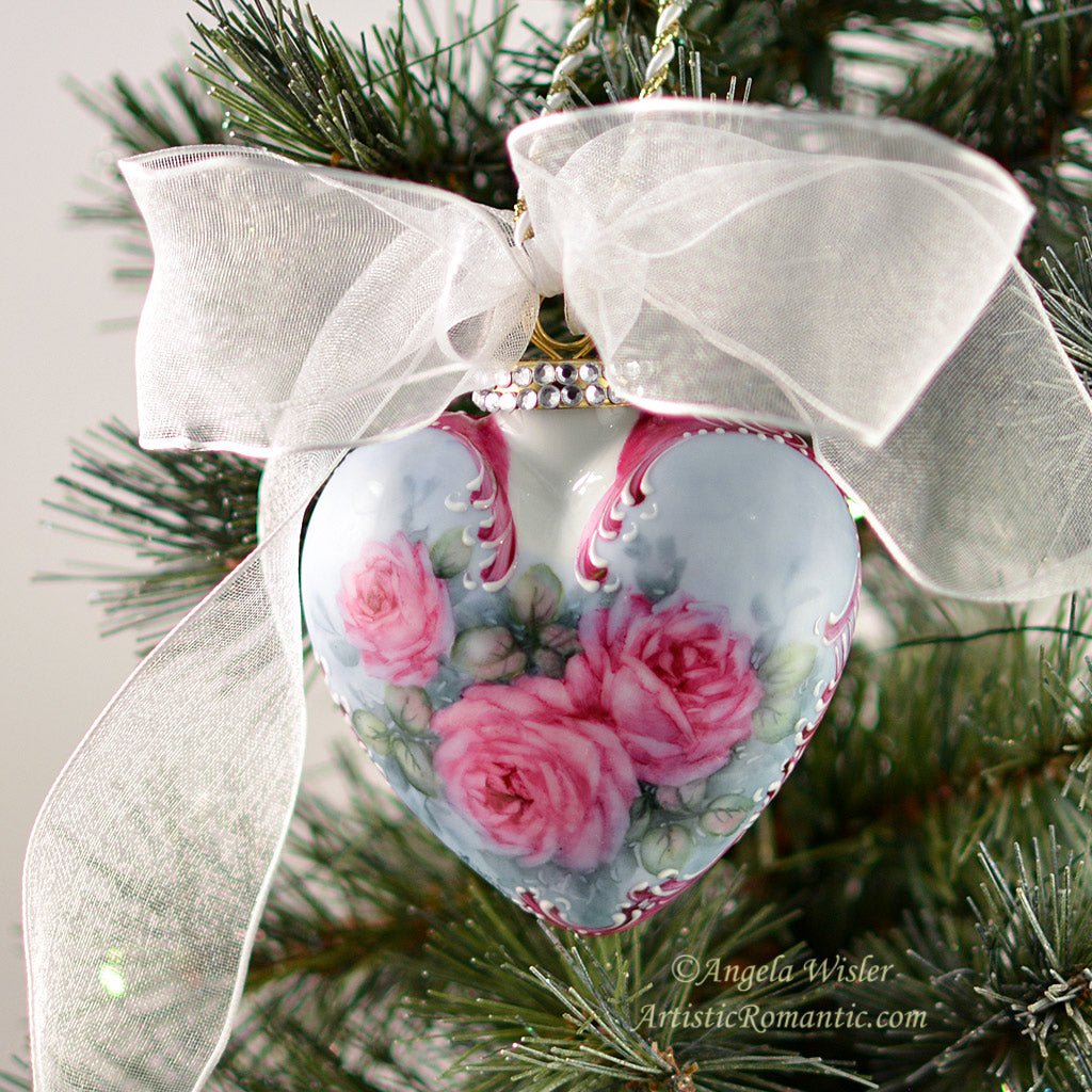 Ruby Pink Roses Victorian Heart Porcelain Christmas Ornament Hand Painted