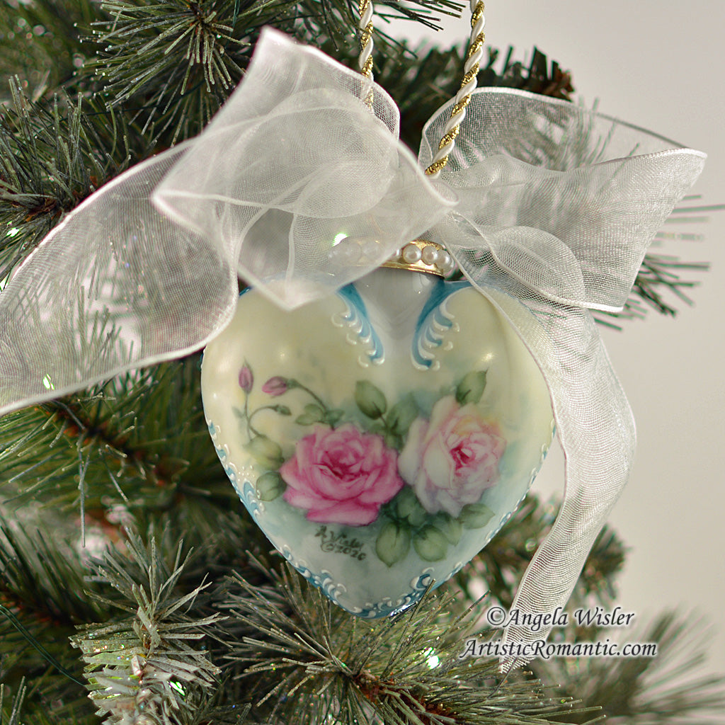Aqua Victorian Cottage Roses Hand Painted Porcelain Christmas Ornament